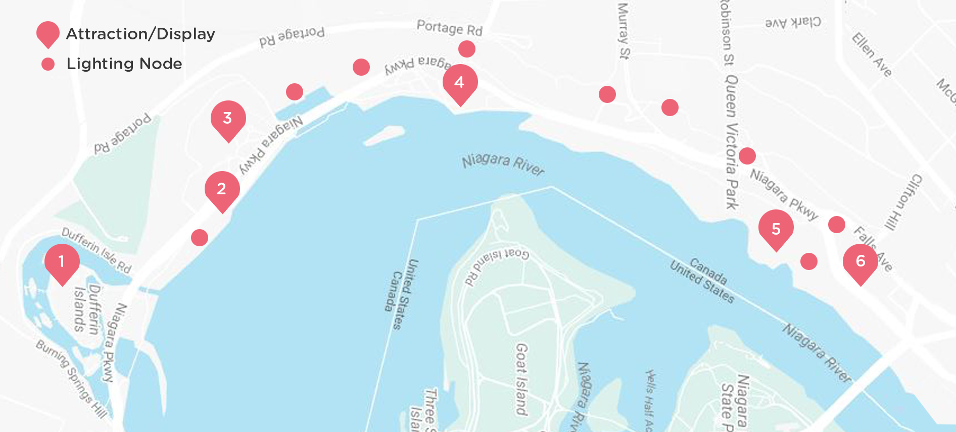 Niagara Parkway map with markers