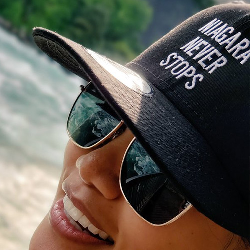 Hat with white logo on front