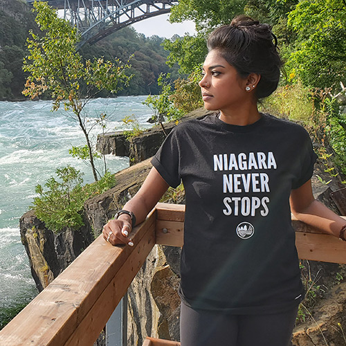Shirt with Niagara Never Stops printed on front