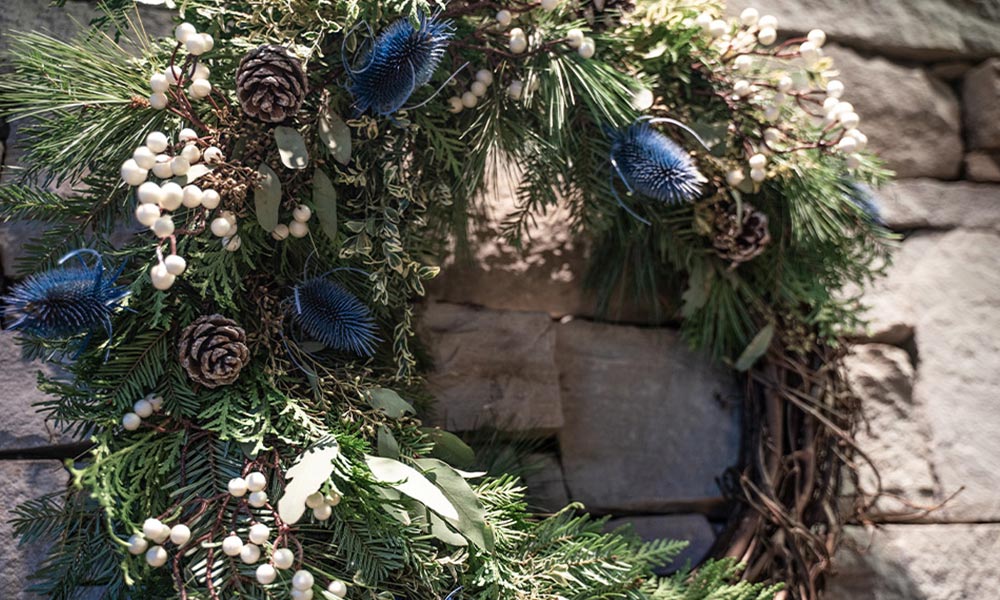 A photo of the holiday wreath at the Floral Showhouse