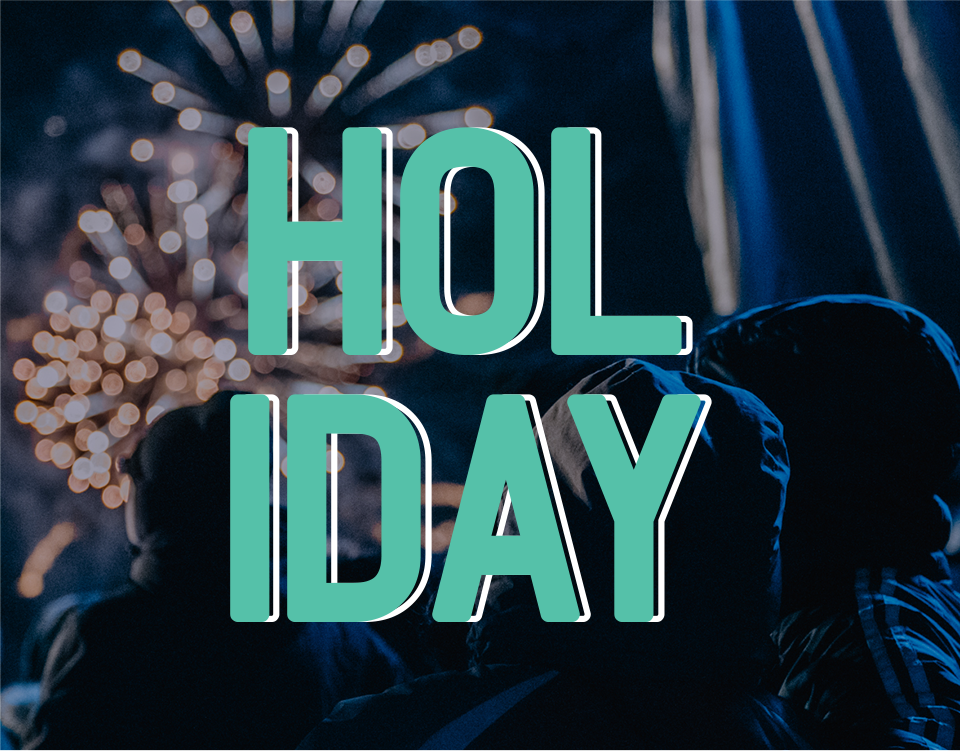 A falls fireworks background image with a 'Holiday' logo on top