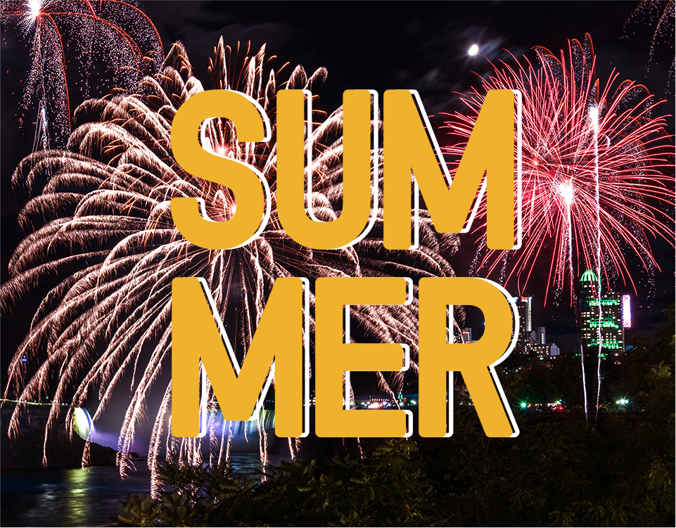 A falls fireworks background image with a 'Summer' logo on top