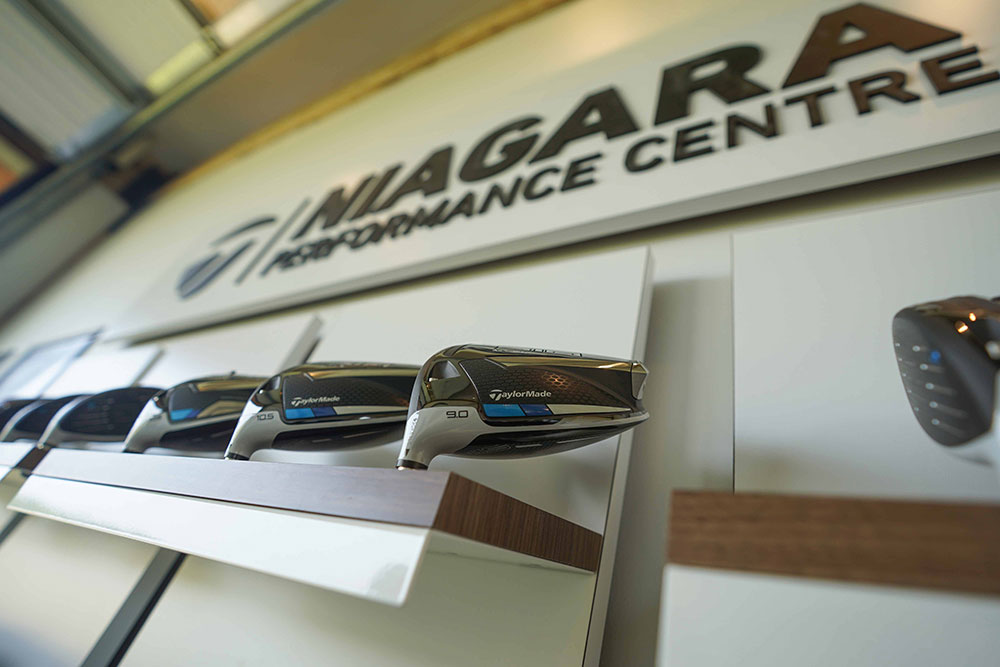 Different golf clubs on display at TaylorMade Niagara Performance Centre